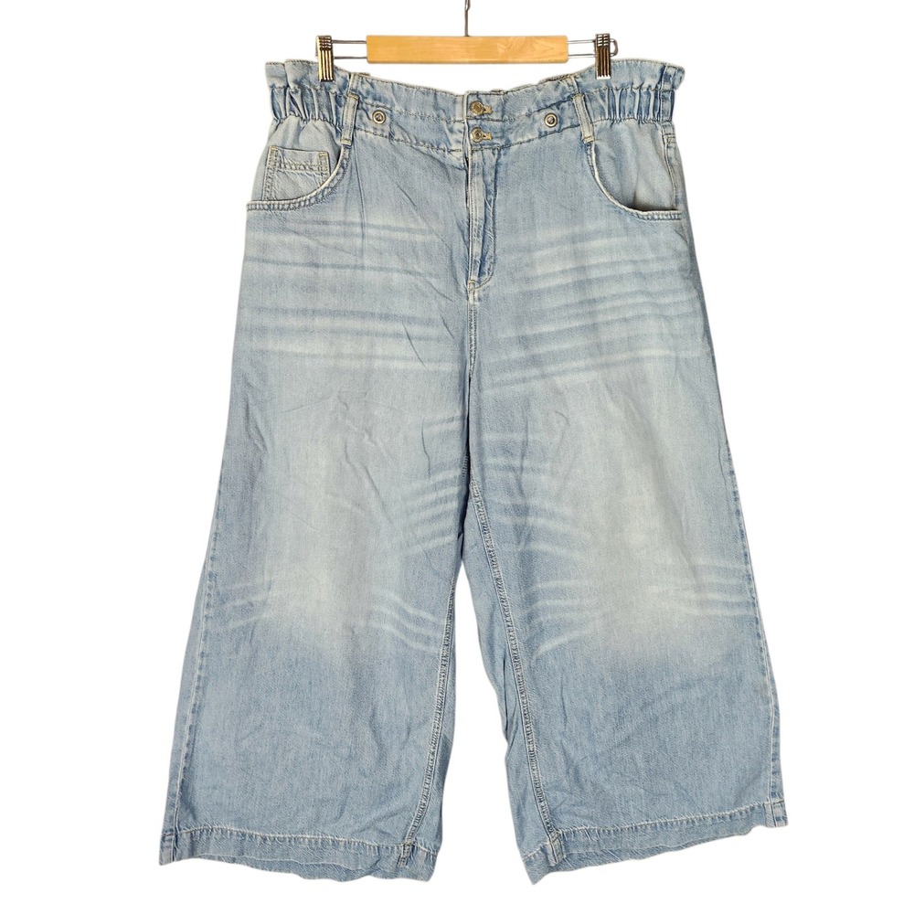 Pilcro Anthropologie Wide Leg Crop Jeans 20W Plus Blue Paperbag Stretch Waist